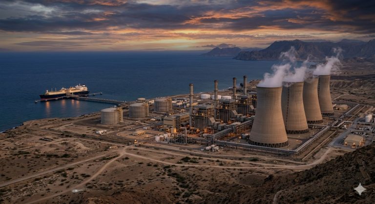 An aerial view of an LNG terminal and power plant in Pakistan during sunset, representing the national energy supply chain.